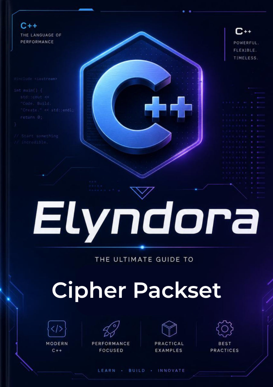 Book cover of 'Elyndora: The Ultimate Guide to Cipher Packset' with C++ logo on a dark background