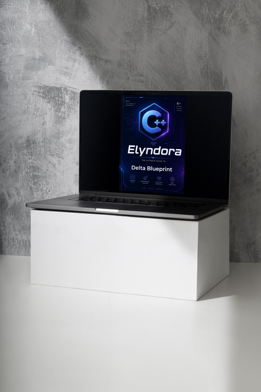 Laptop on a white stand with 'Elyndora' displayed on the screen against a gray concrete wall.