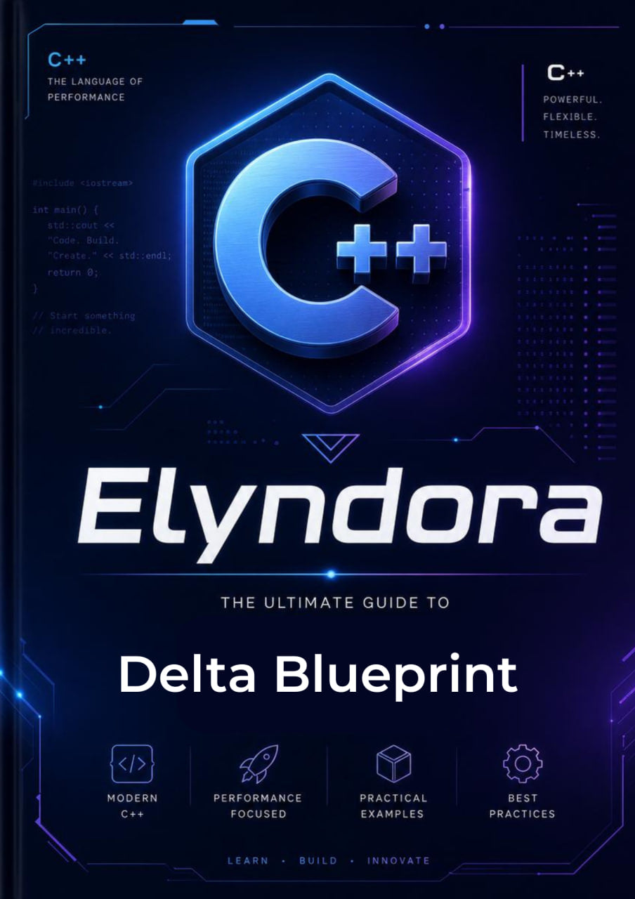 Book cover of 'Elyndora: The Ultimate Guide to Delta Blueprint' with C++ logo on a dark background