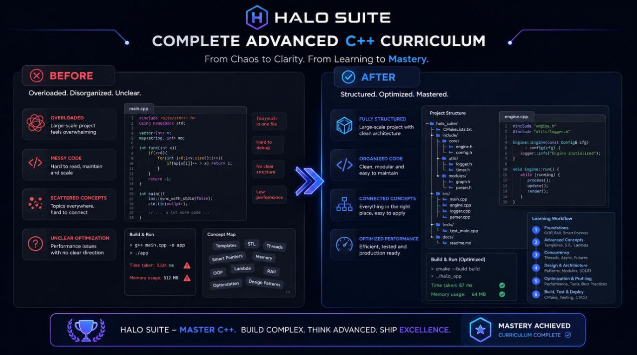 Halo Suite C++ curriculum comparison before and after mastery on a dark background