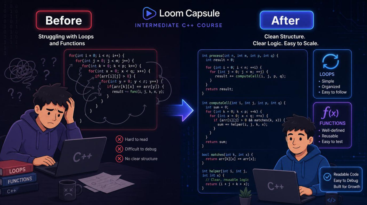 Before and after comparison of a person learning C++ with Loom Capsule's course improvement.