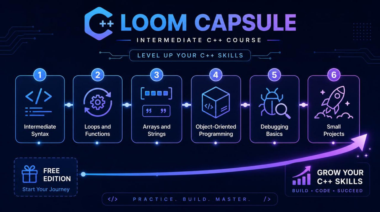 Loom Capsule C++ course flowchart with icons and text on a dark background