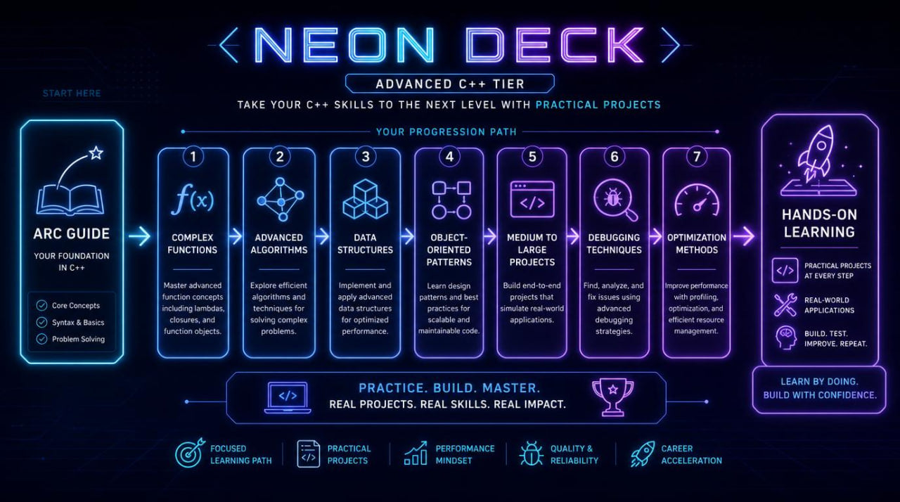 Neon Deck Advanced C++ Tier infographic with educational progression path on a dark background