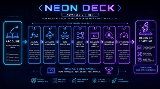 Neon Deck Advanced C++ Tier infographic with educational progression path on a dark background