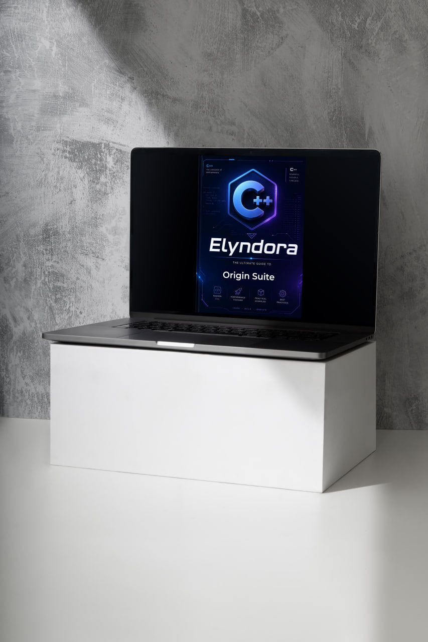 Laptop on a white stand with 'Elyndora' displayed on the screen against a gray concrete wall.