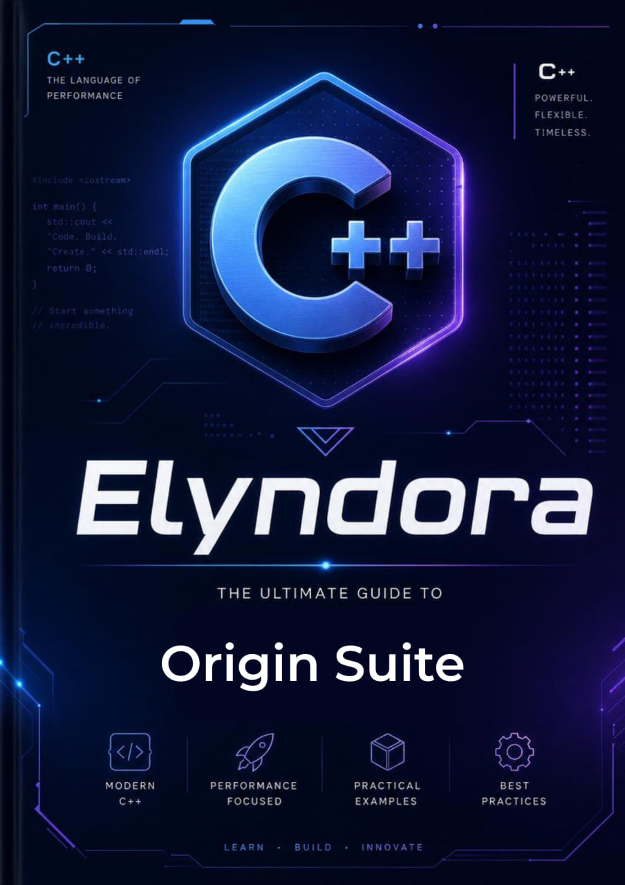 Elyndora book cover with C++ logo and text on a dark background