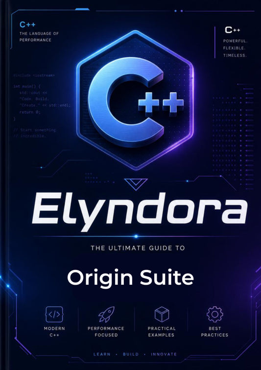 Elyndora book cover with C++ logo and text on a dark background
