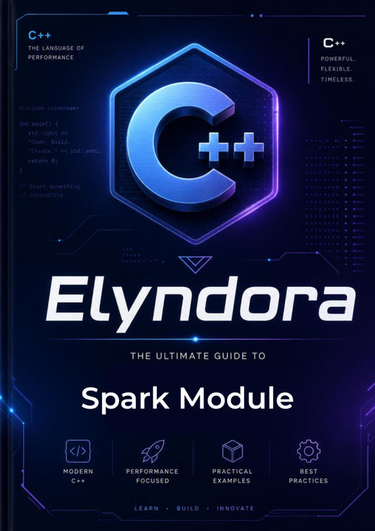 Book cover of 'Elyndora: The Ultimate Guide to Spark Module' with C++ logo on a dark background