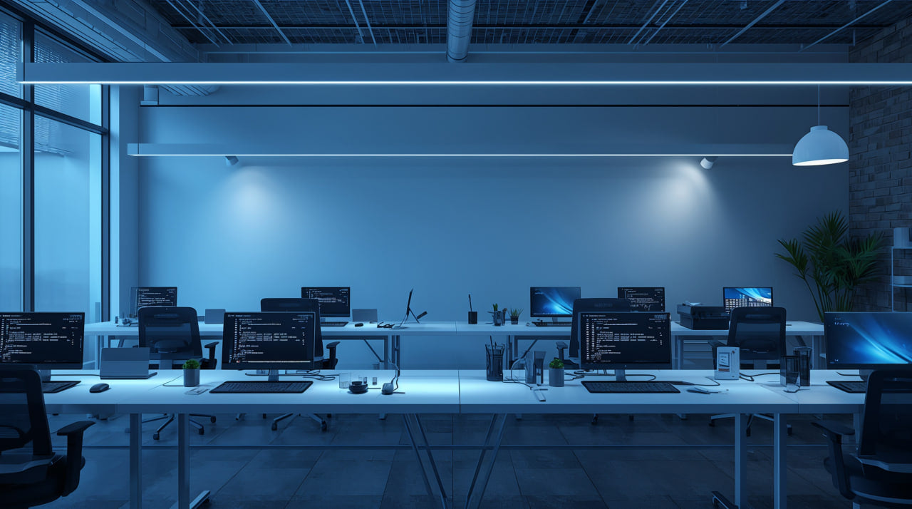 Modern office with multiple computer monitors on desks, dimly lit.