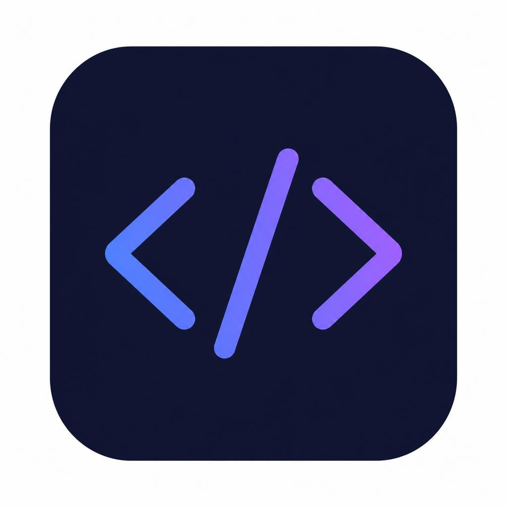 Icon with blue left angle bracket, slash, and purple right angle bracket on a black square background