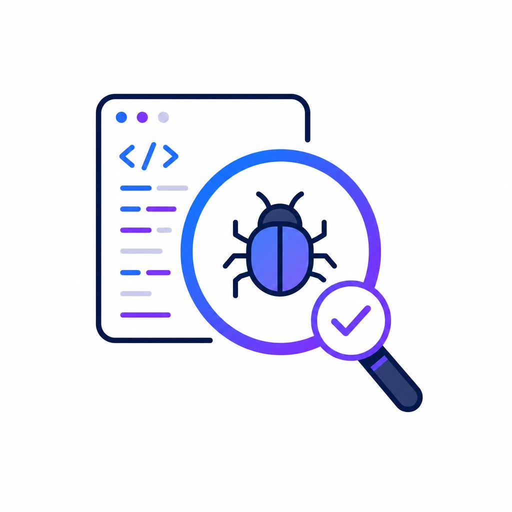 Icon of a magnifying glass inspecting a bug over code on a white background
