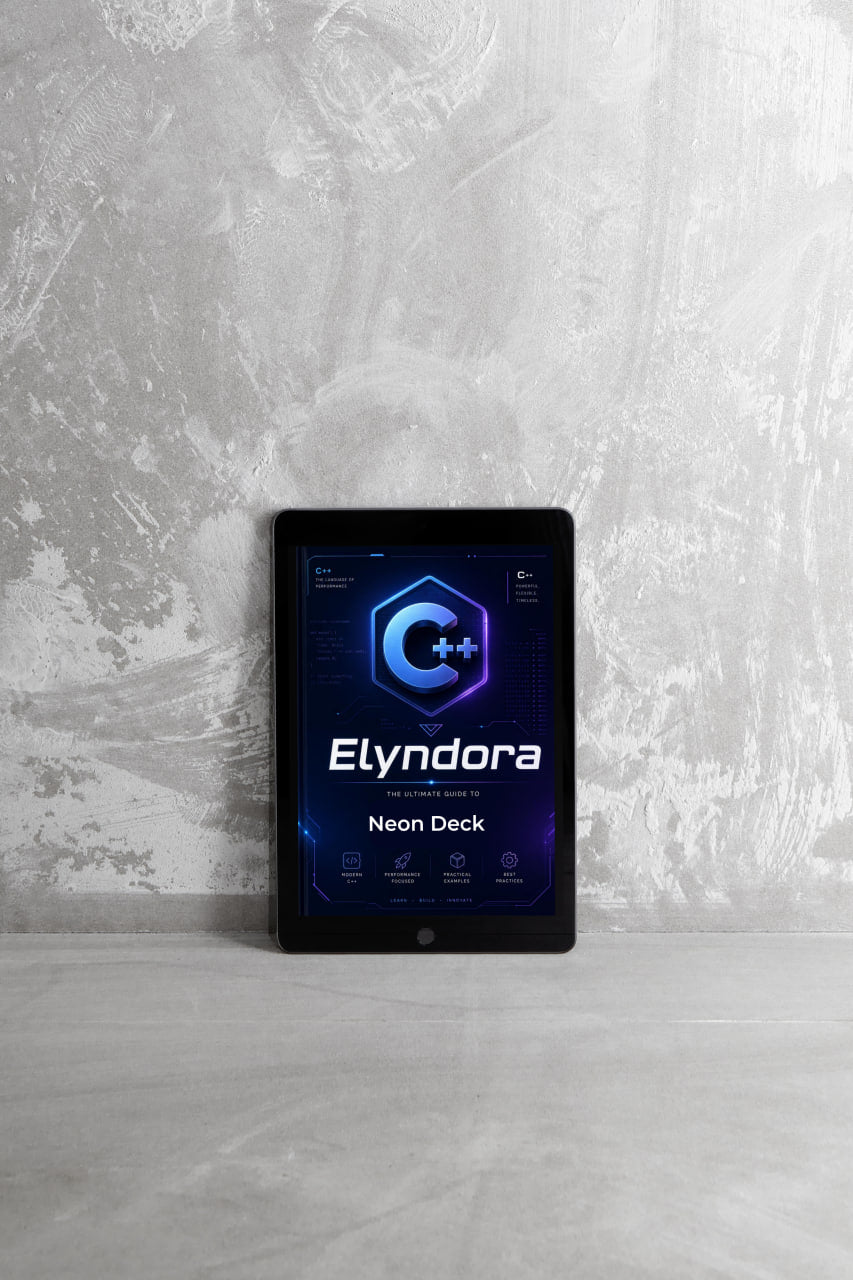 Elyndora Neon Deck device on a gray surface with a textured wall background