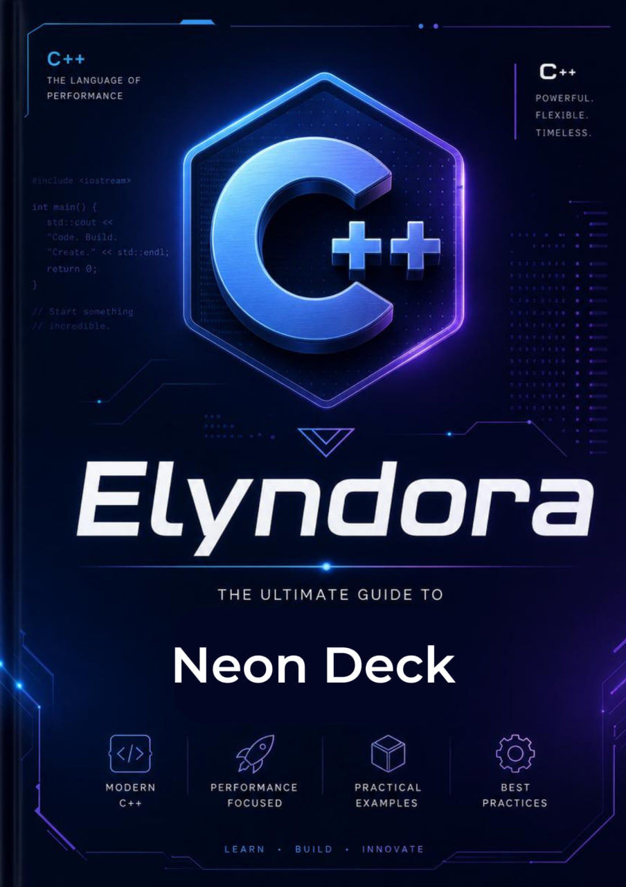 Book cover of 'Elyndora: The Ultimate Guide to Neon Deck' with C++ logo on a dark background